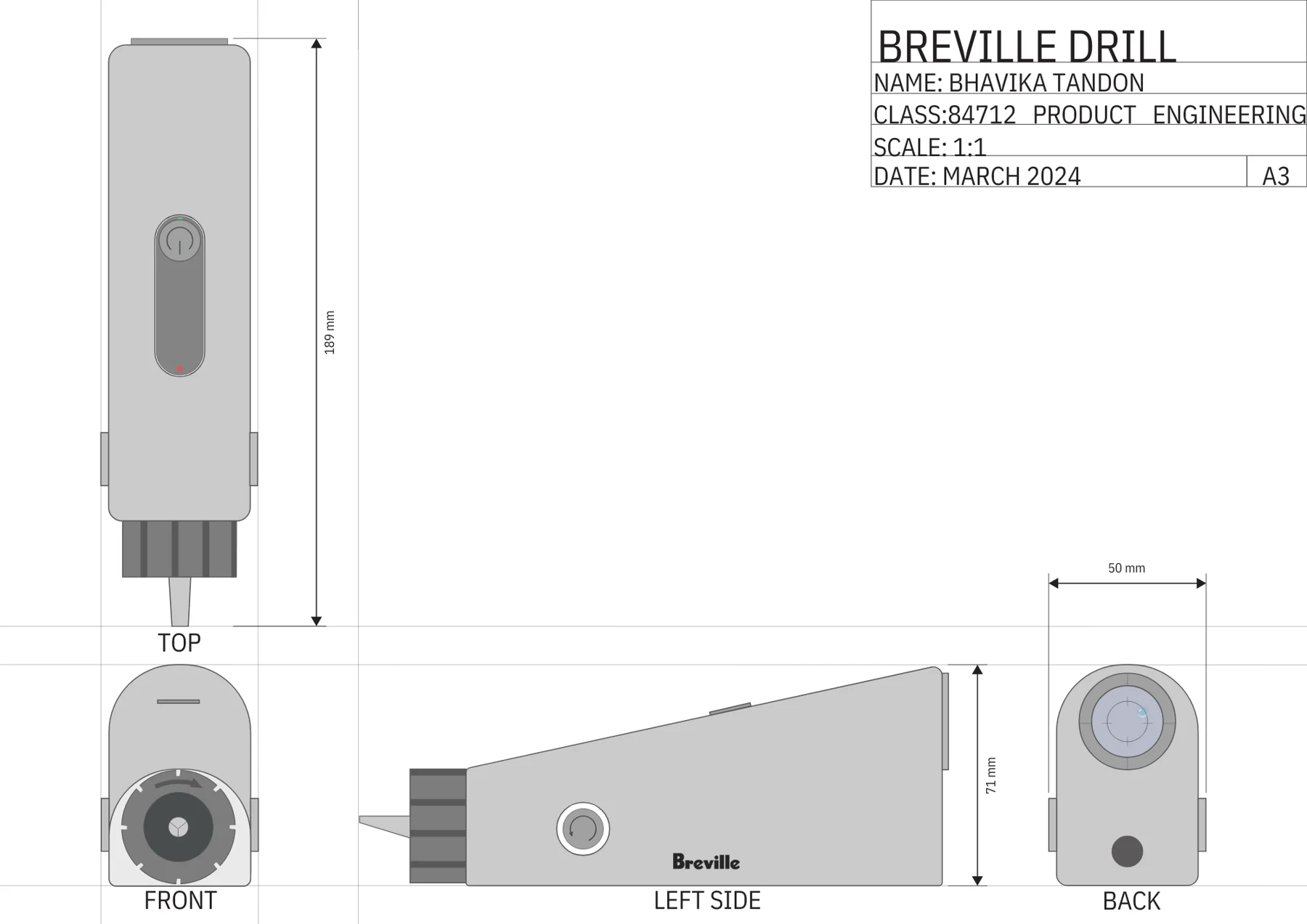 Breville Drill — orthographic of prototype 1